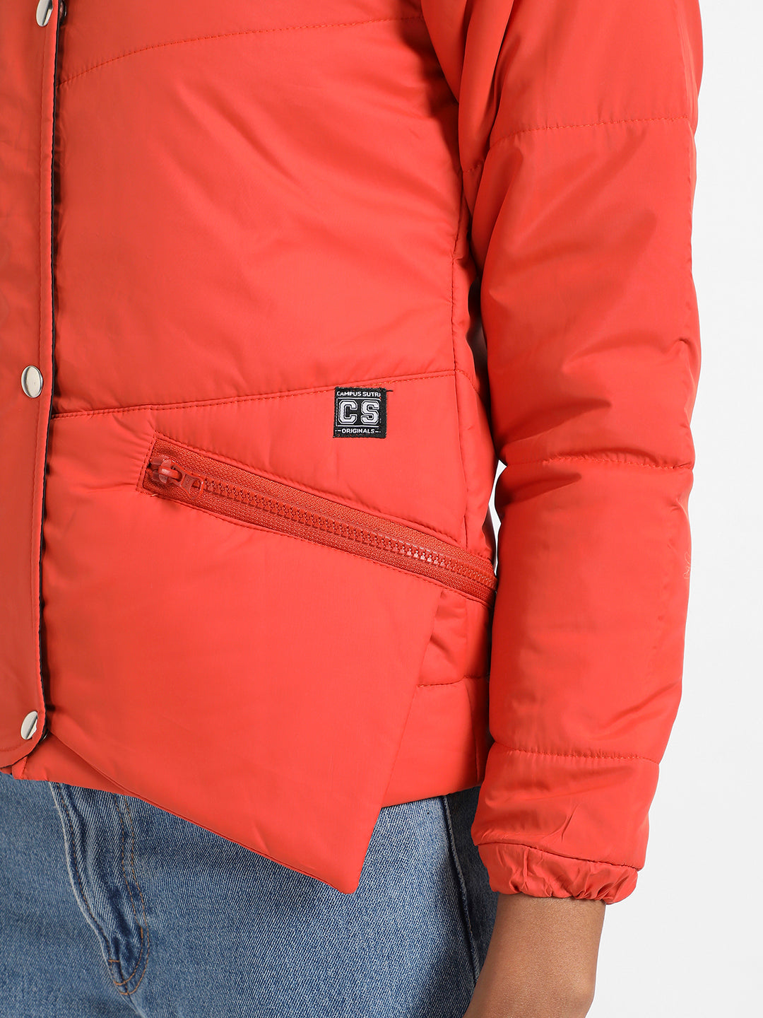 Orange Quilted Puffer Jacket With Zipper Insert Pockets