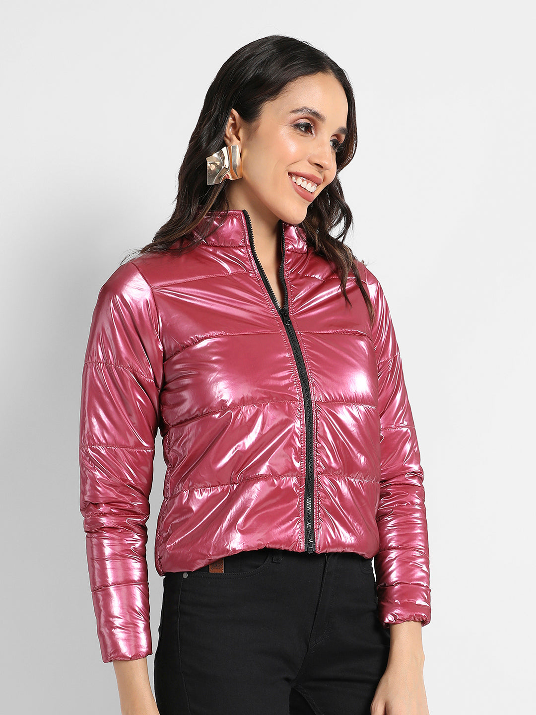 Solid High-Neck Quilted Bomber Jacket