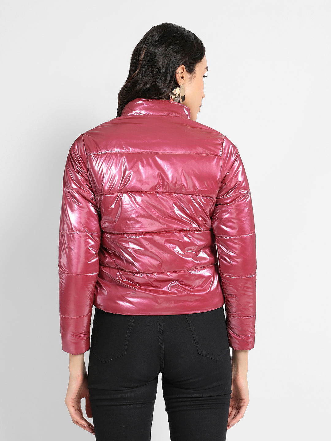 Solid High-Neck Quilted Bomber Jacket