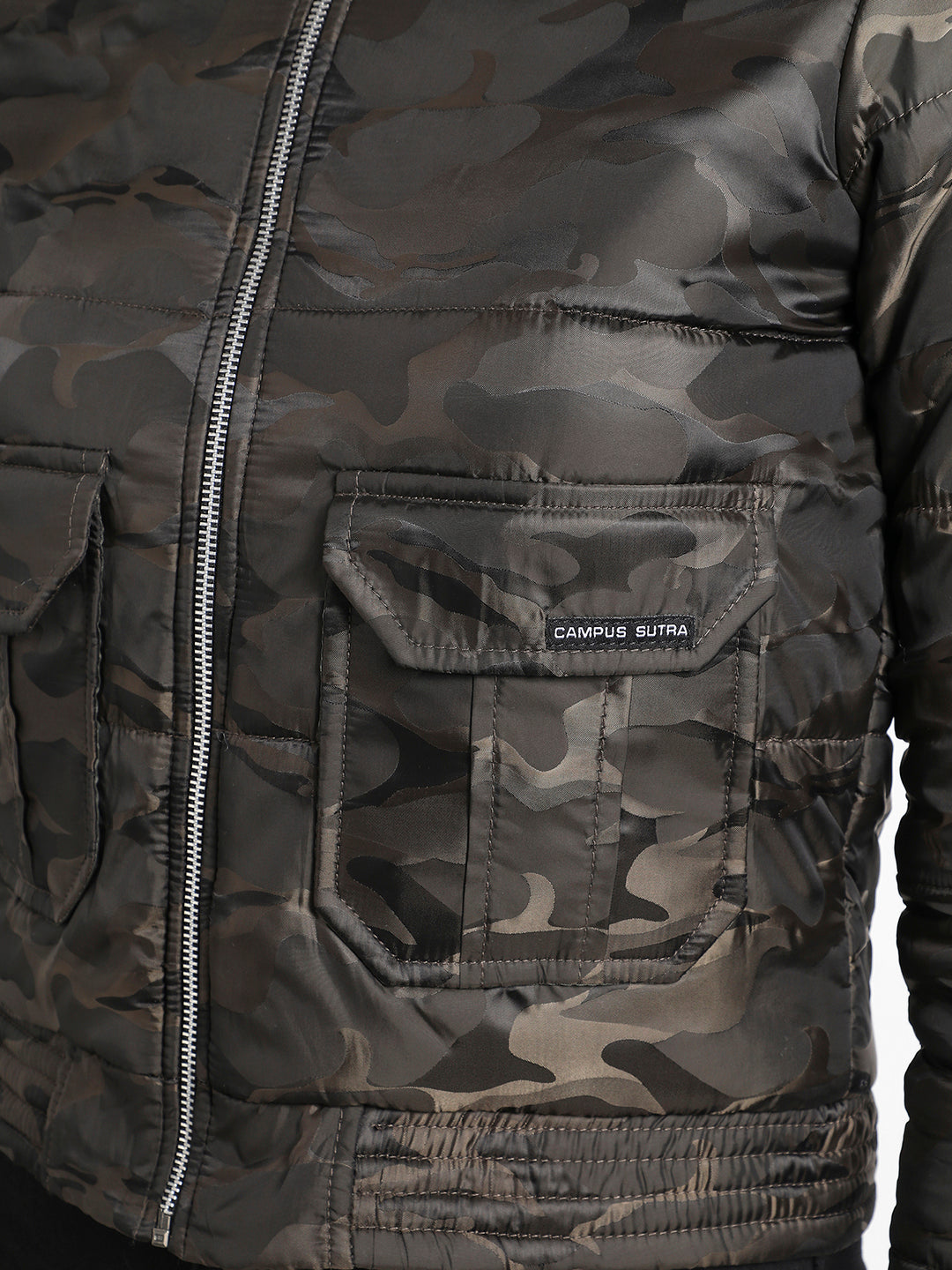 Brown Camouflage Bomber Jacket With Flap Pockets