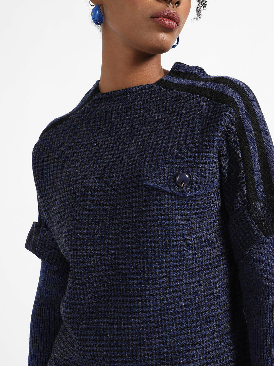 Navy Blue Micro Checkered Sweater With Striped Sleeve