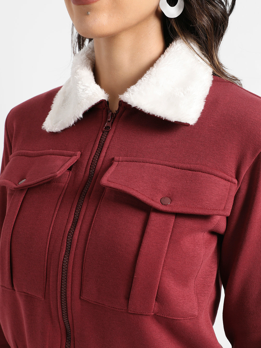 Maroon Flap Pocket Jacket With Fur Details