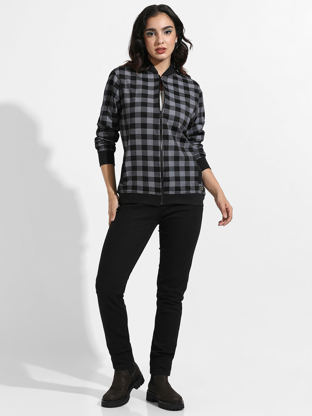 Zip-Front Checkered Jacket With Ribbed Hem