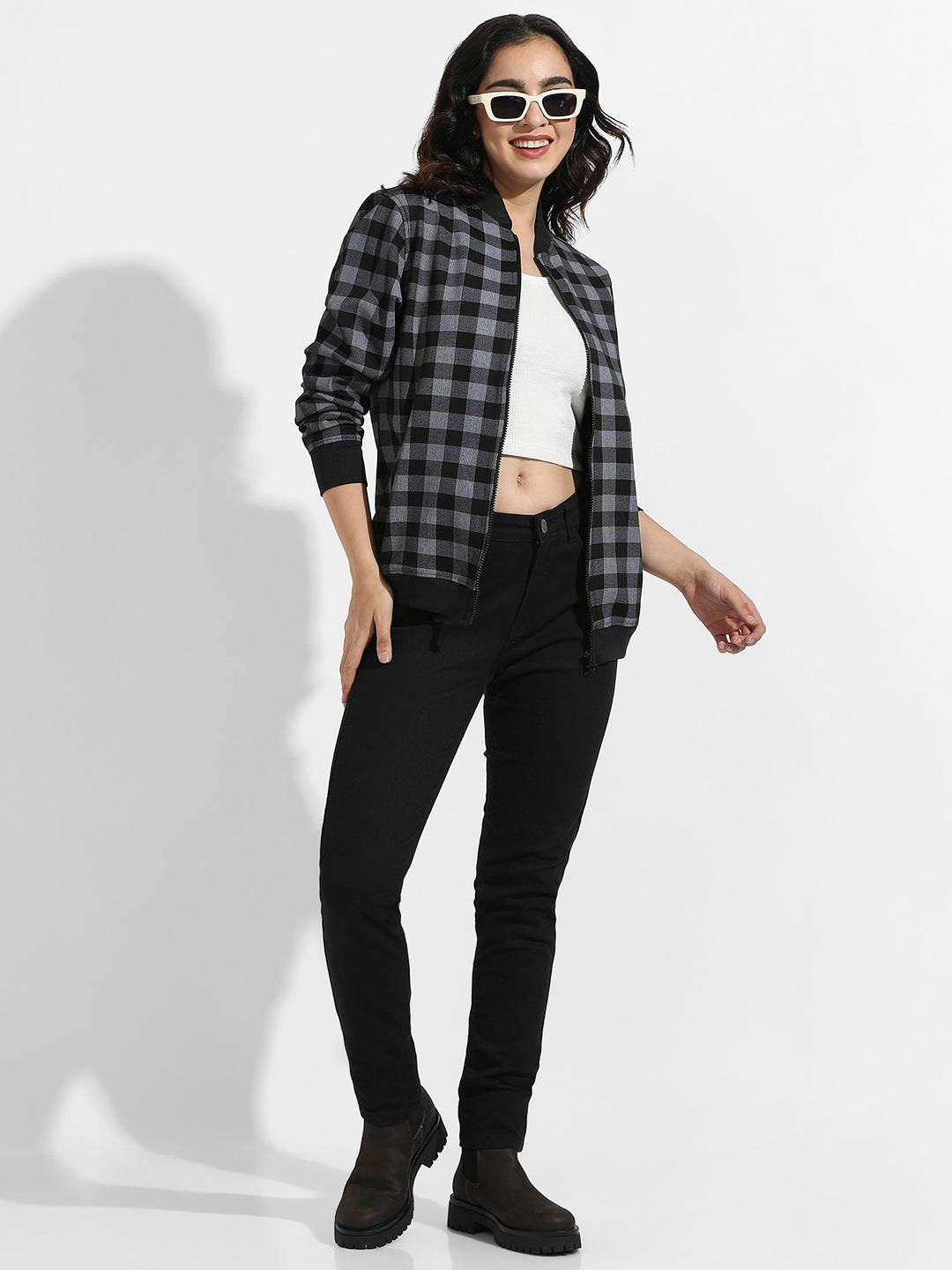 Zip-Front Checkered Jacket With Ribbed Hem