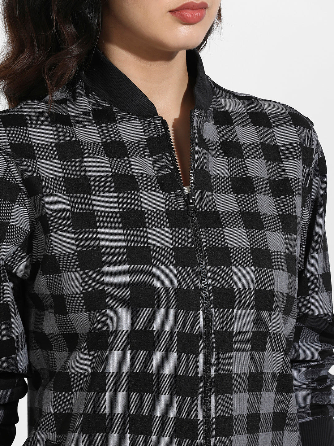 Black Zip-Front Checkered Jacket With Ribbed Hem