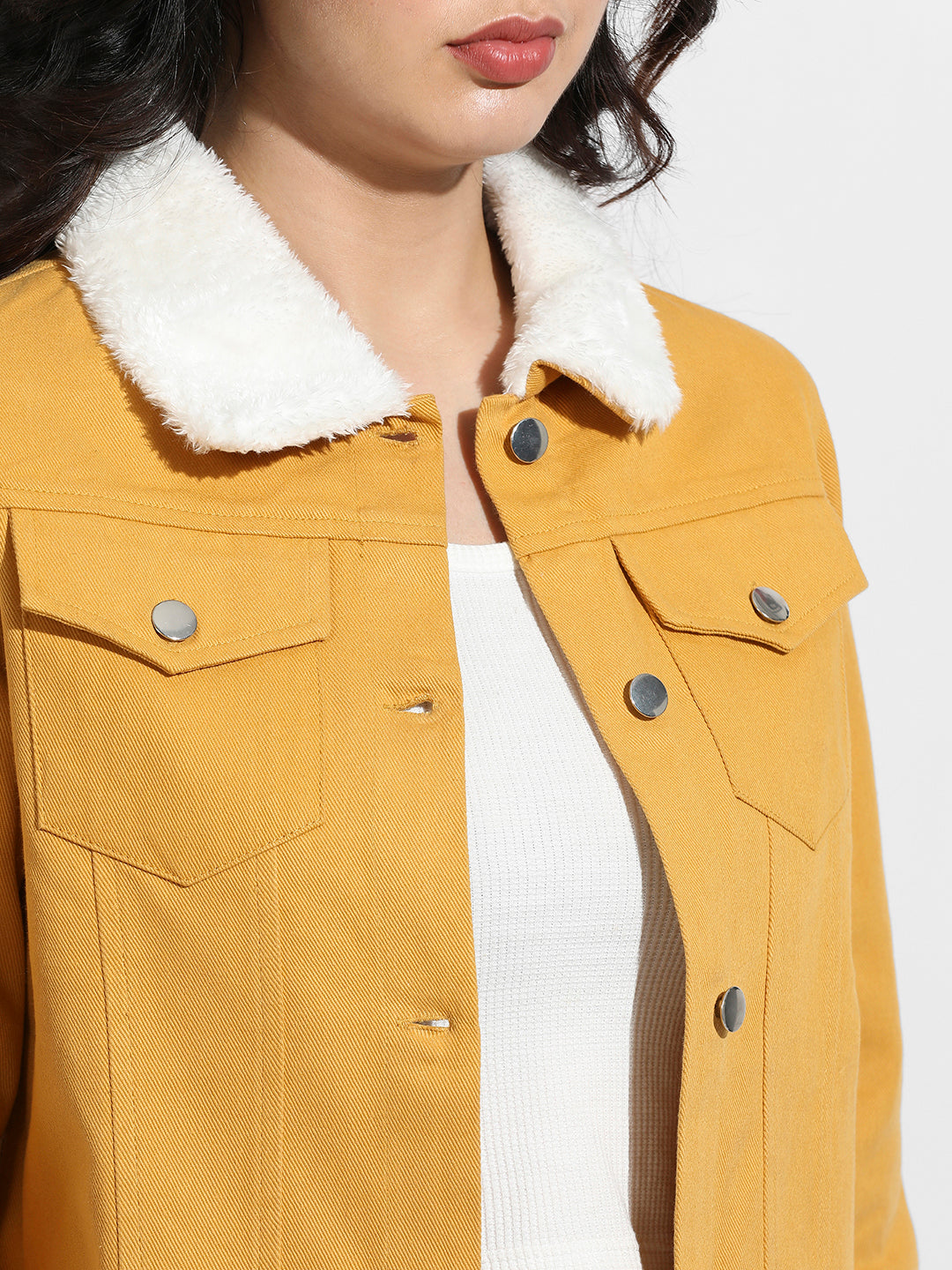 Yellow Front-Button Jacket With Fur Details