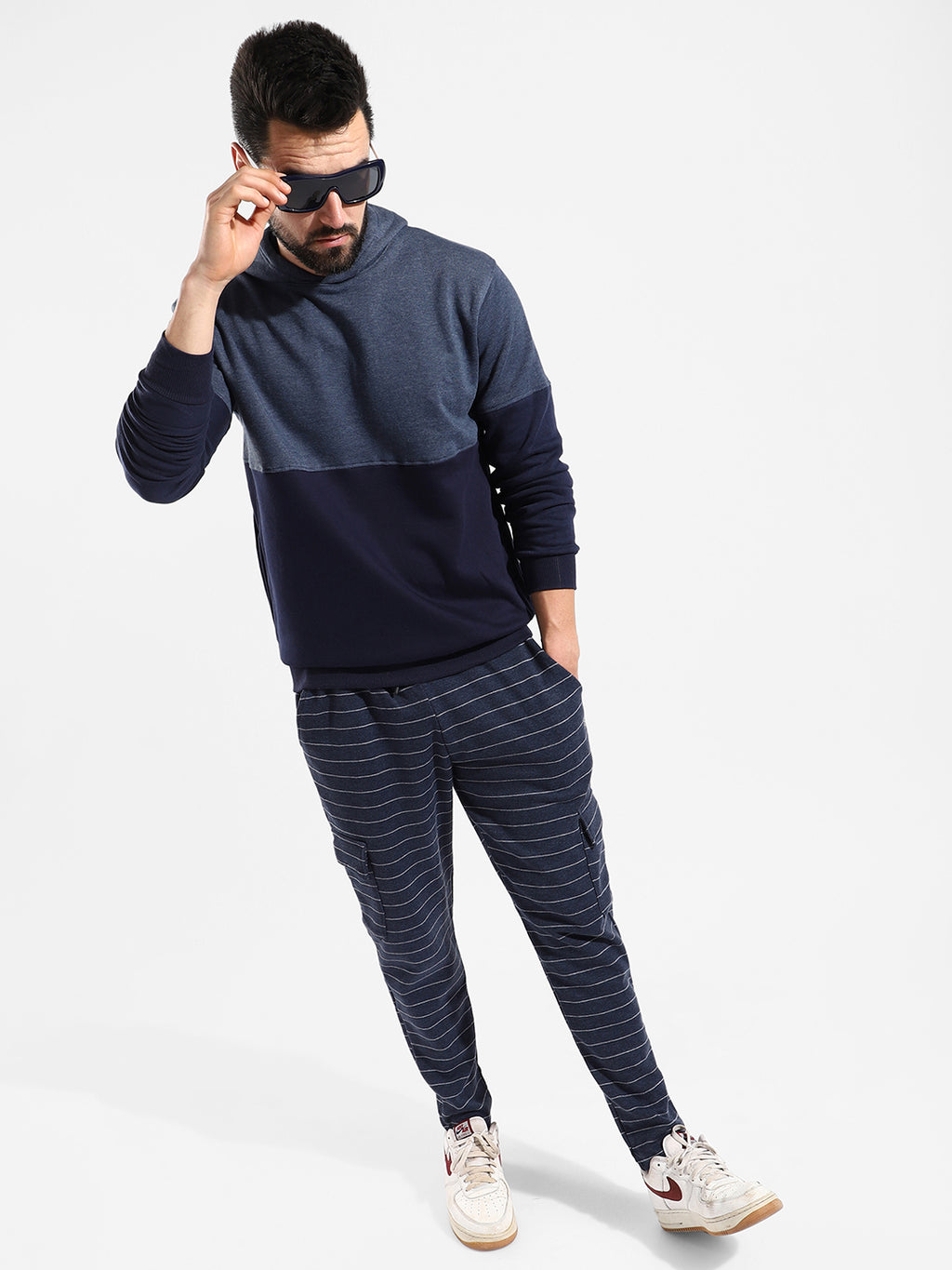 Cotton Navy Blue Colour-Blocked Tracksuit For Casual Wear