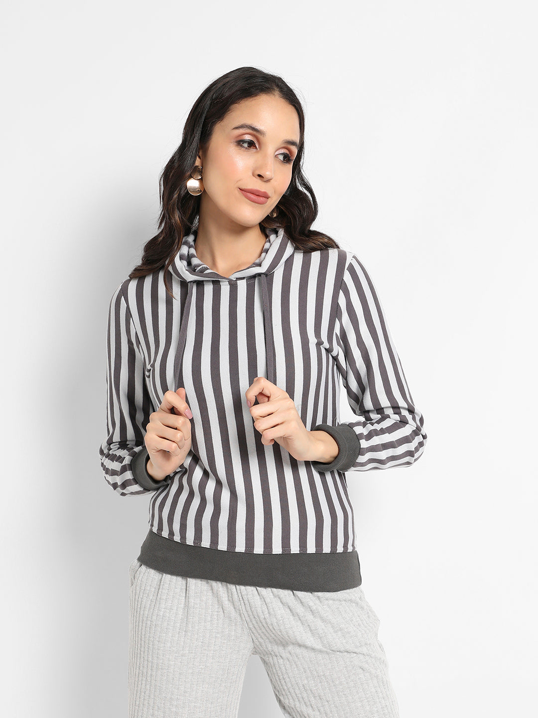 Candy Striped Hoodie With Ribbed Hem