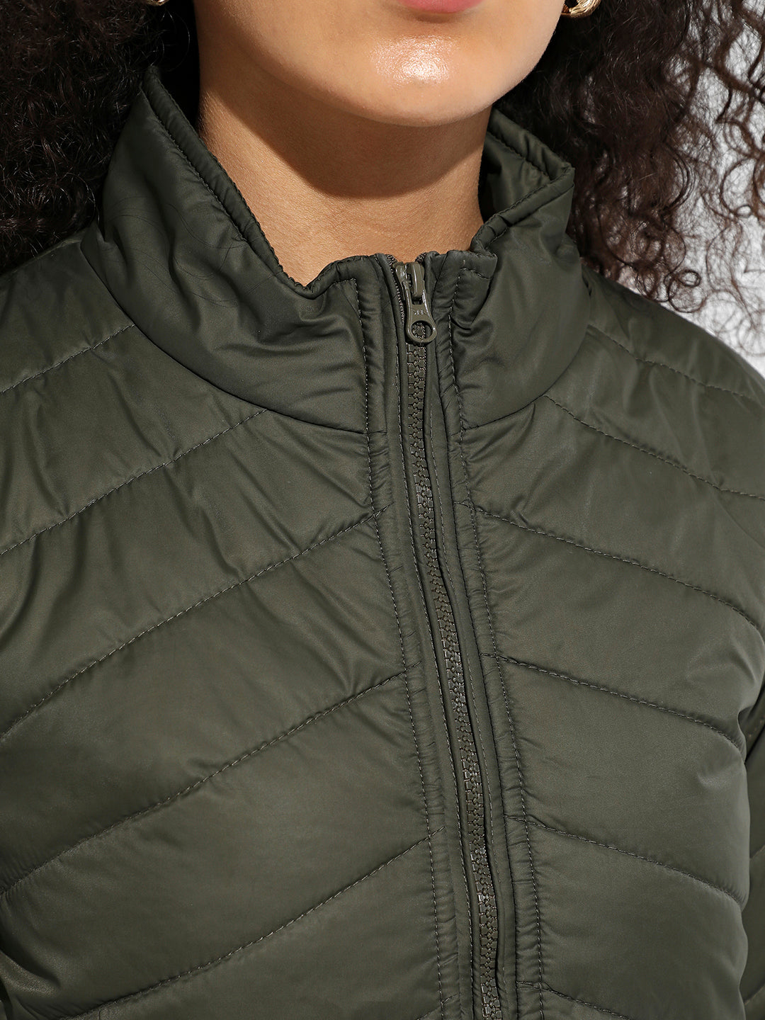 Olive Green Quilted Puffer Jacket With Zip Closure