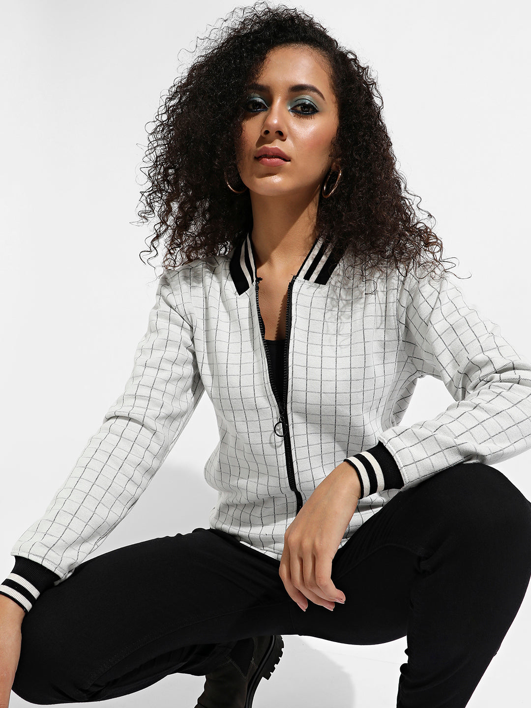 Zip-Front Checkered Jacket With Contrast Hem