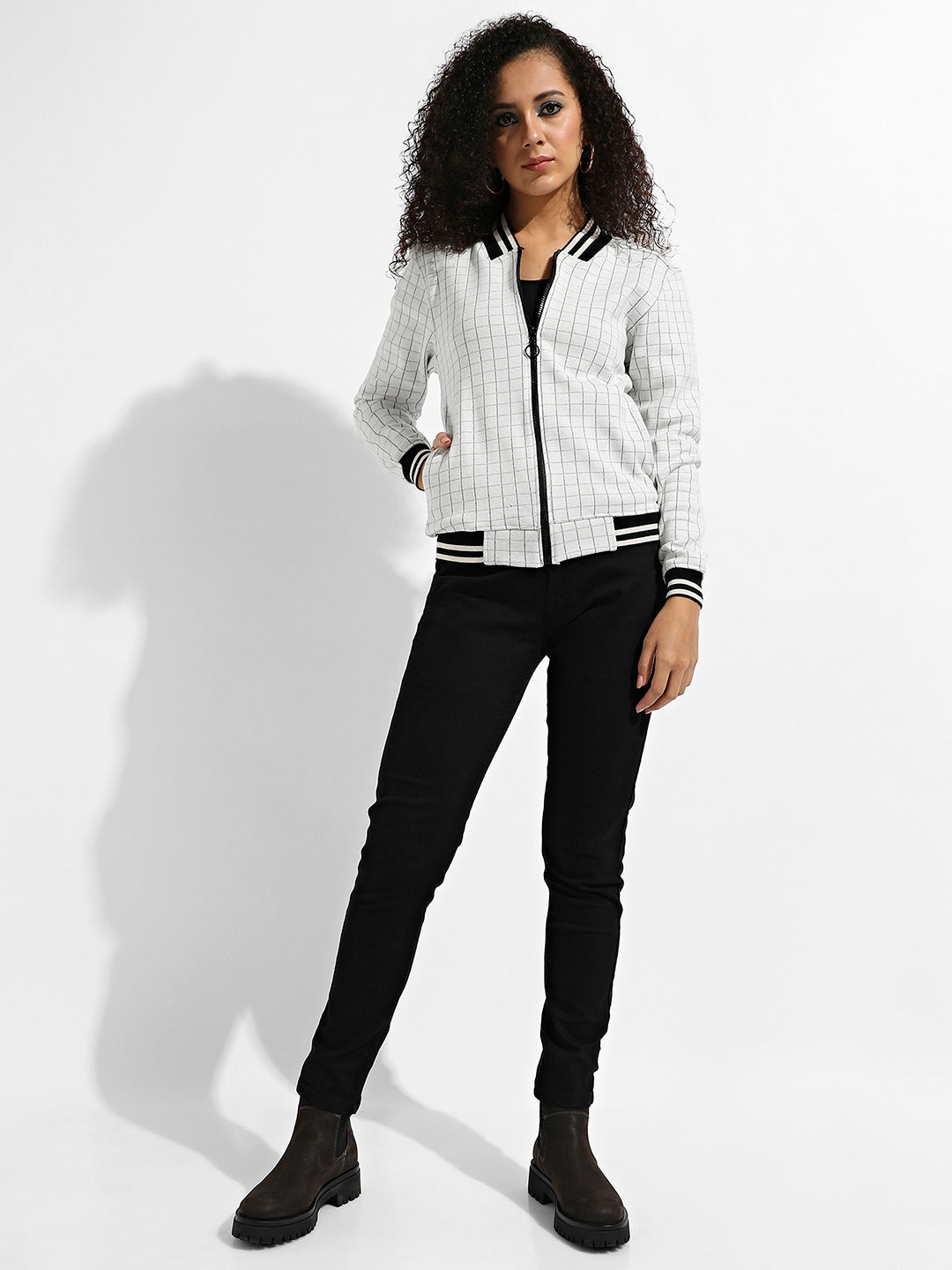 Zip-Front Checkered Jacket With Contrast Hem