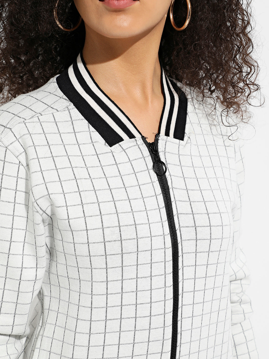 Grey Zip-Front Checkered Jacket With Contrast Hem