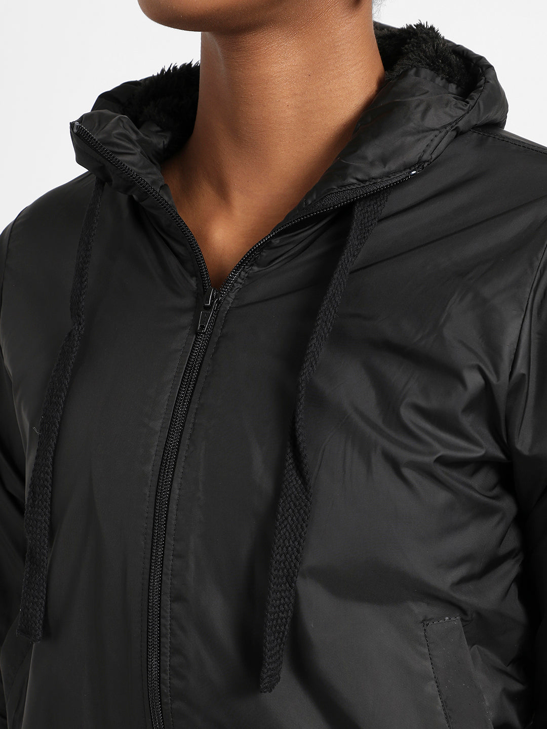 Black Zip-Front Jacket With Ribbed Hem