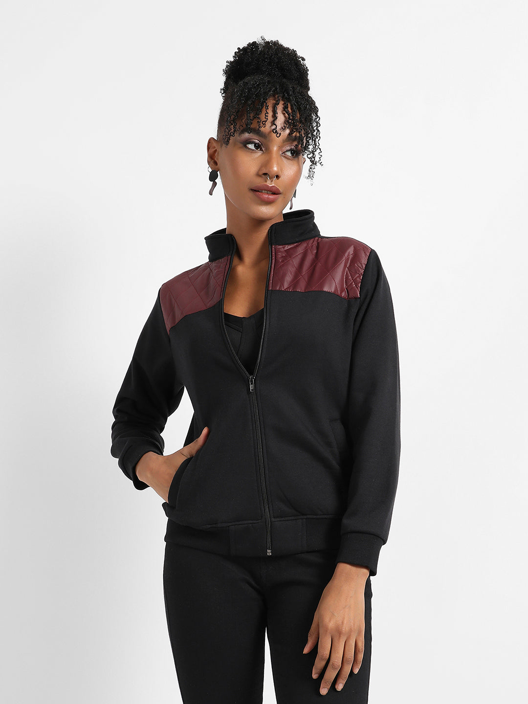 Black & Wine Zip-Front Jacket With Quilted Details