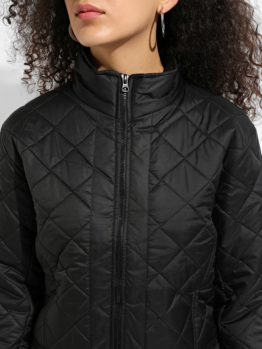 Black Quilted Puffer Jacket With Zip Closure