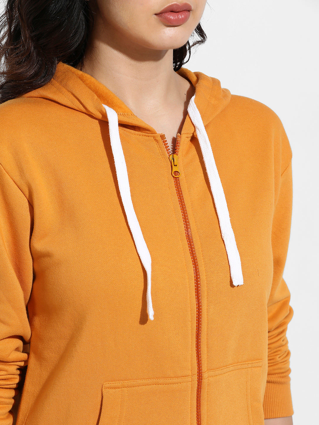 Mustard Yellow Zip-Front Hoodie With Contrast Drawstring