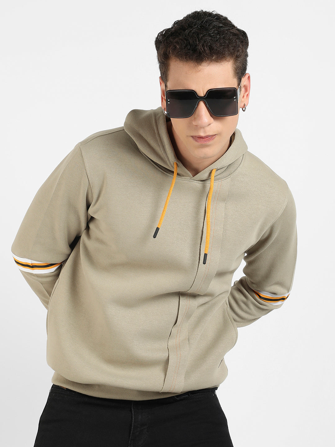 Pullover Hoodie With Contrast Striped Sleeve