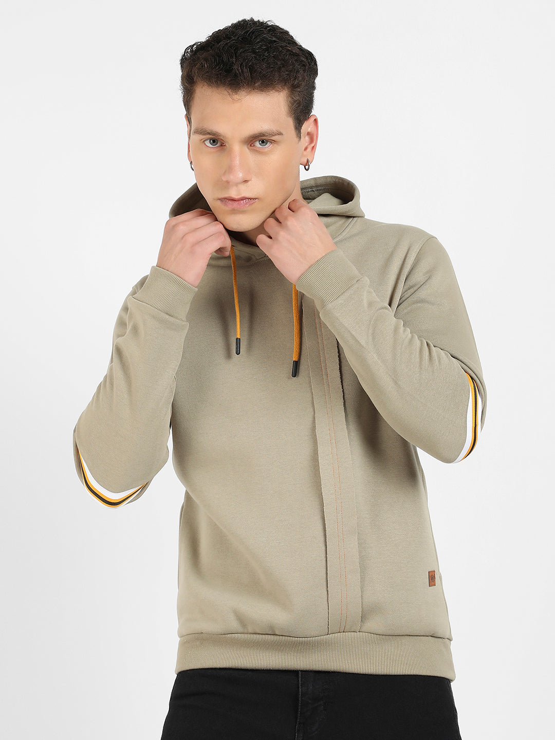 Pullover Hoodie With Contrast Striped Sleeve