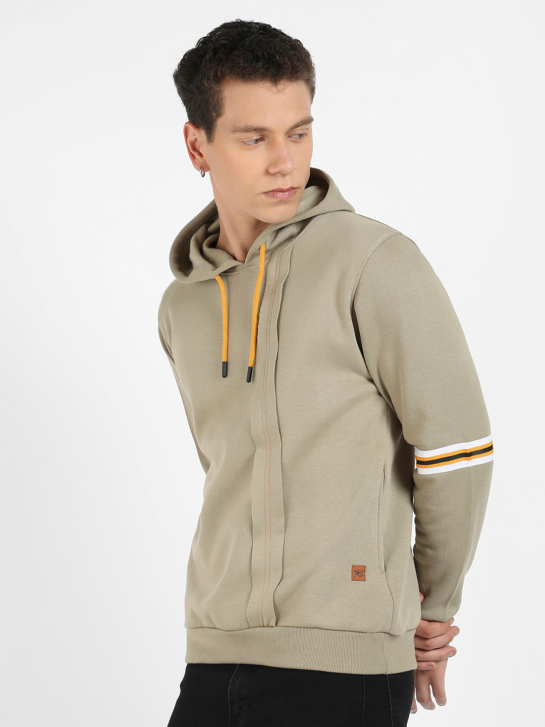 Pullover Hoodie With Contrast Striped Sleeve