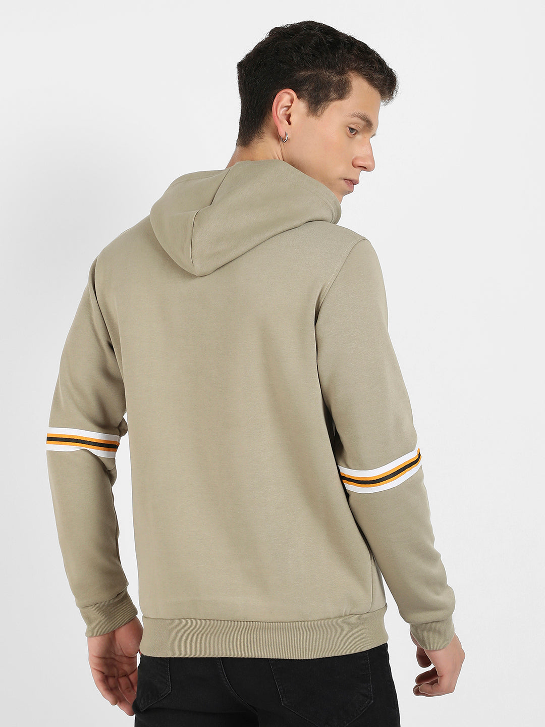 Pullover Hoodie With Contrast Striped Sleeve