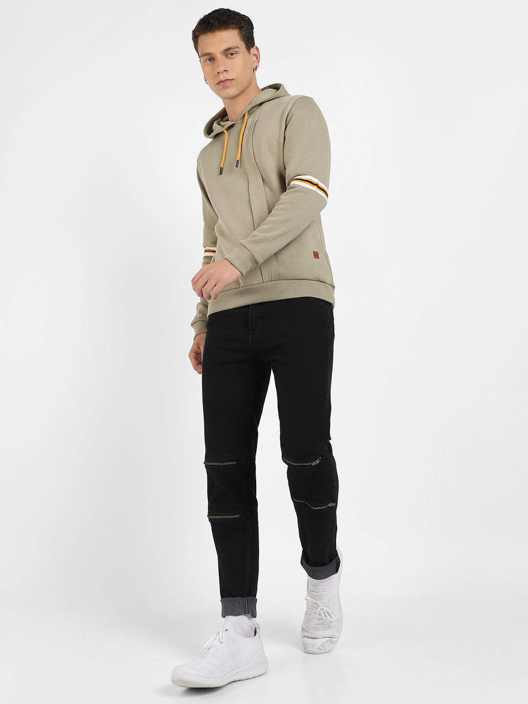 Pullover Hoodie With Contrast Striped Sleeve