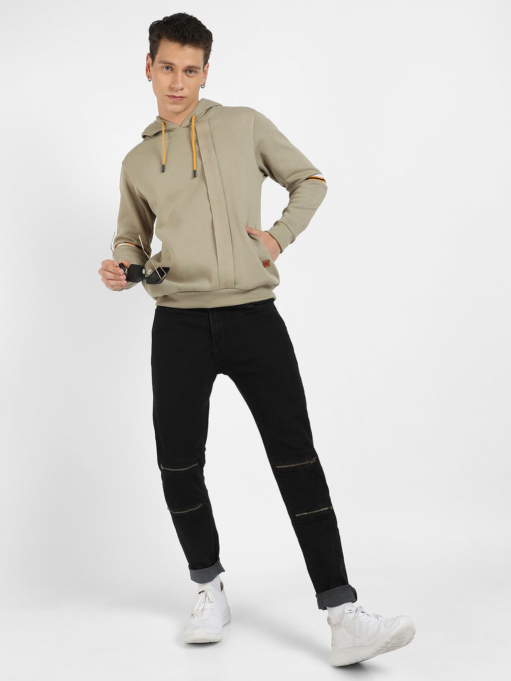 Pullover Hoodie With Contrast Striped Sleeve