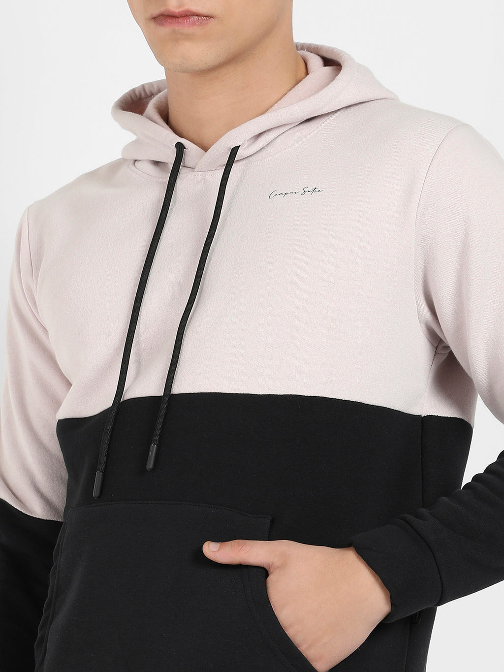 Men's Light Grey & Black Colourblocked Hoodie With Kangaroo Pockets