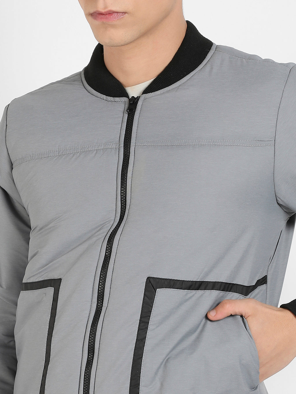 Men's Light Grey Zip-Front Puffer Jacket With Contrast Detail