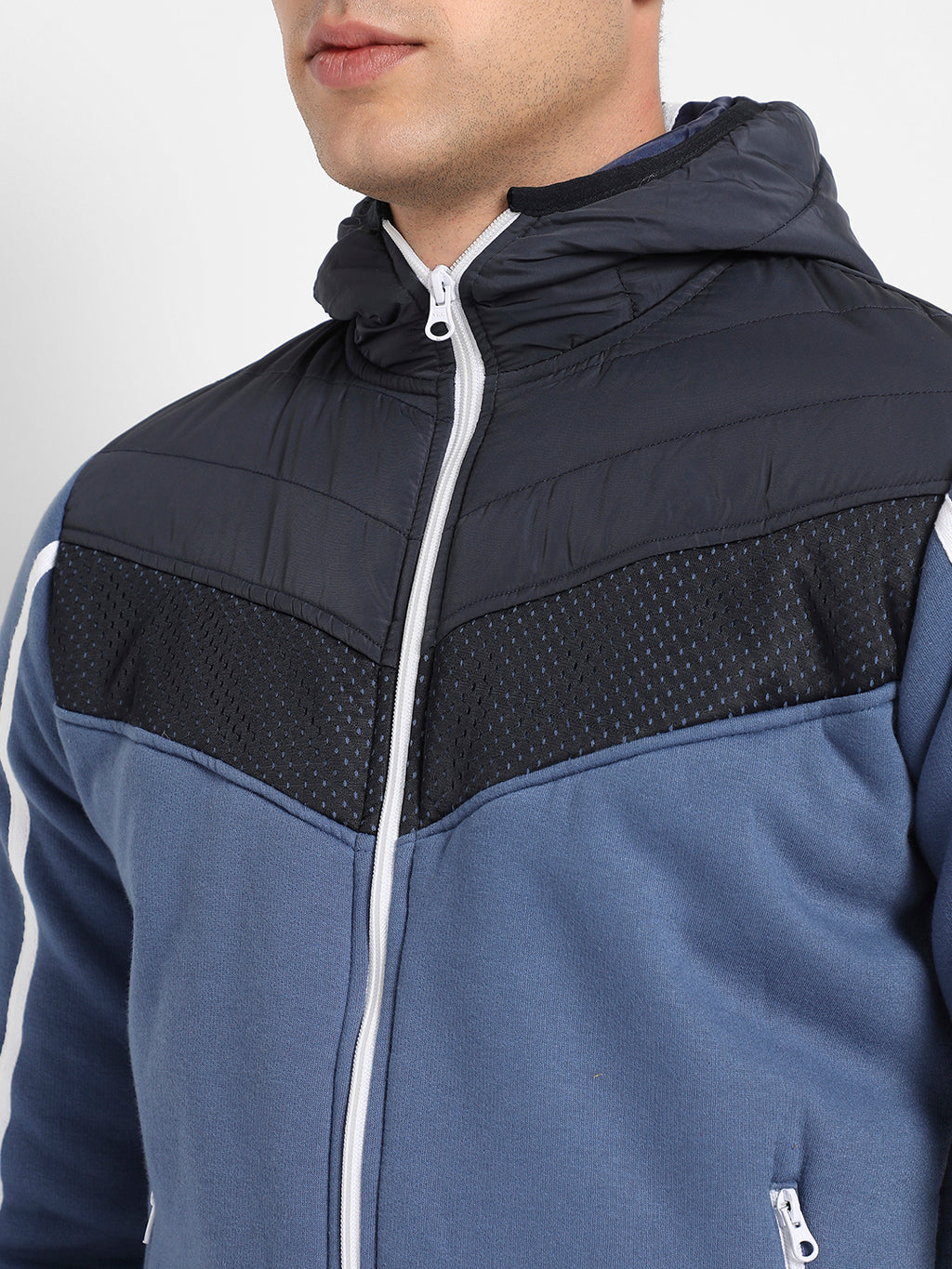 Men's Prussian Blue Contrast Panel Puffer Jacket With Insert Pocket