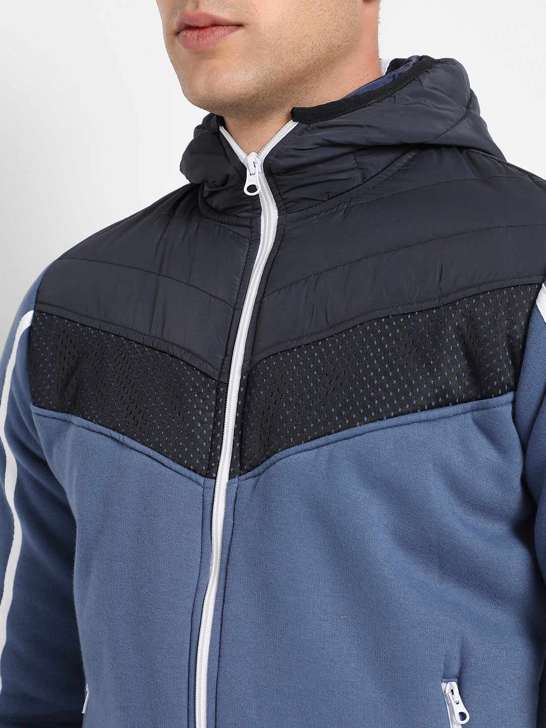 Men's Prussian Blue Contrast Panel Puffer Jacket With Insert Pocket