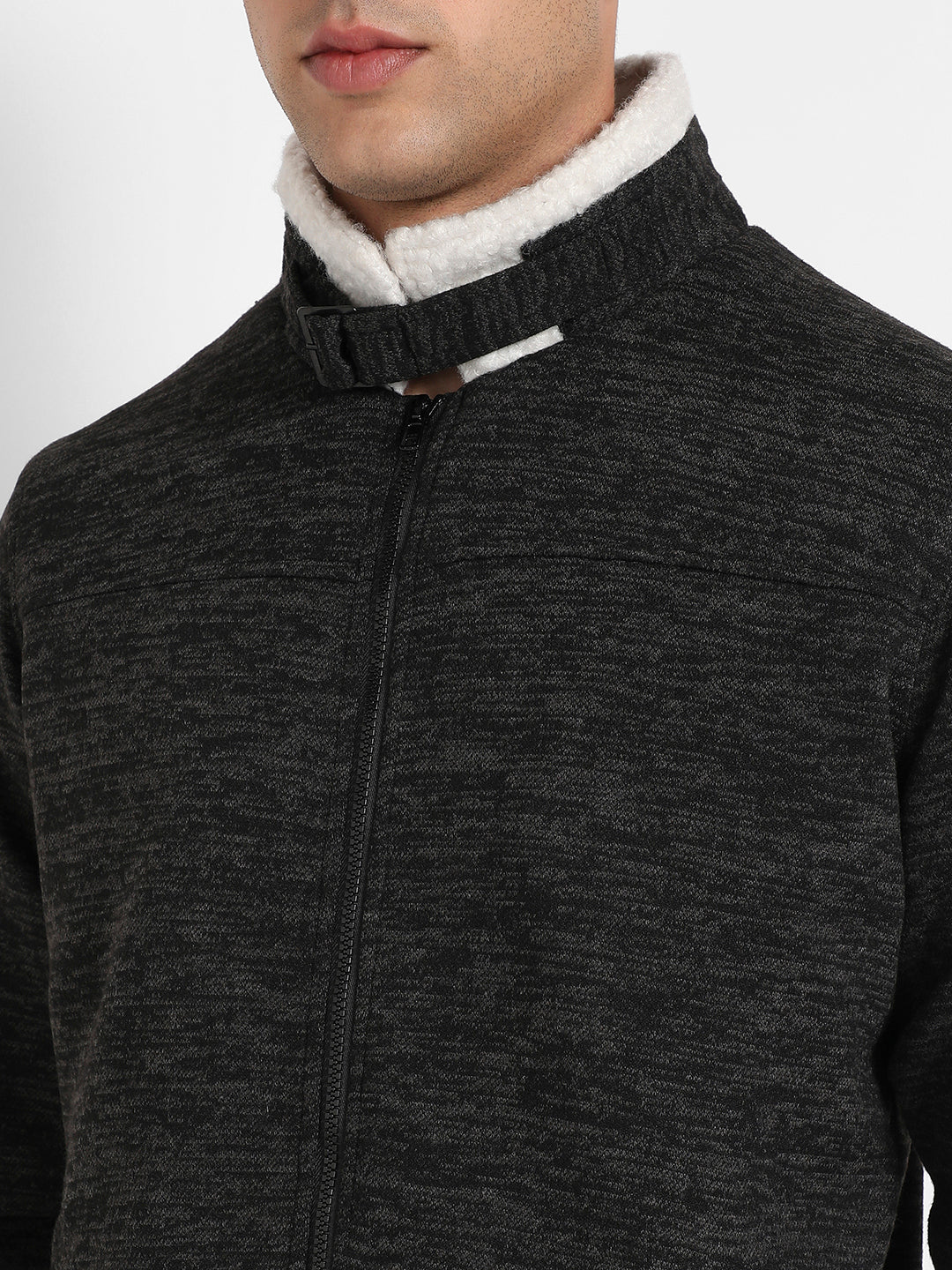 Men's Charcoal Grey Heathered Jacket With Fleece Detail