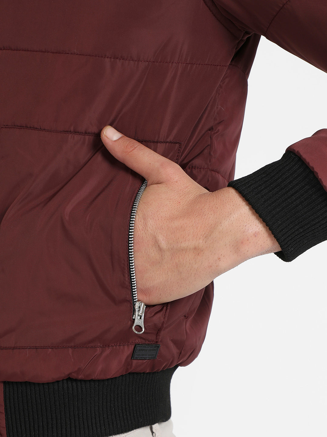 Men's Maroon Puffer Jacket With Contrast Hem