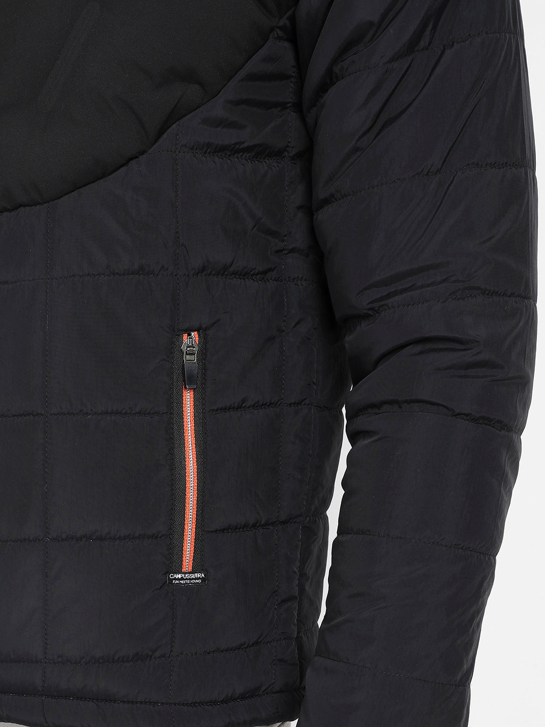 Men's Black Puffer Jacket With Contrast Zipper