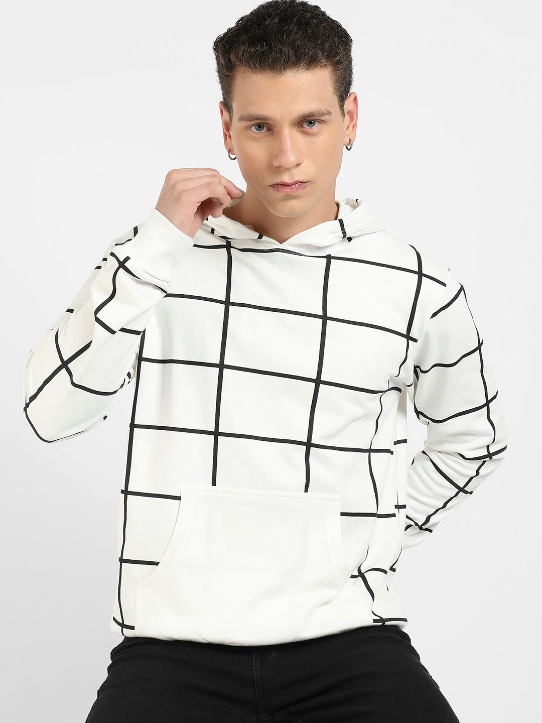 Contrast Graph Check Hoodie With Kangaroo Pocket