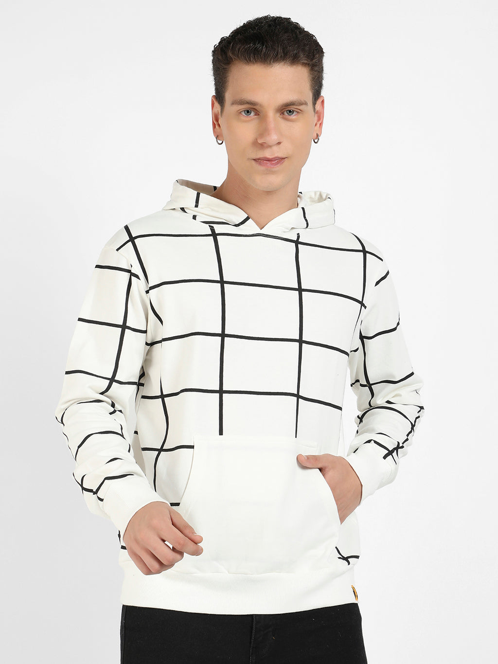 Contrast Graph Check Hoodie With Kangaroo Pocket