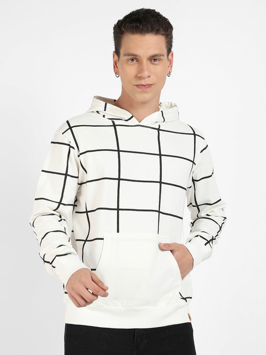 Contrast Graph Check Hoodie With Kangaroo Pocket
