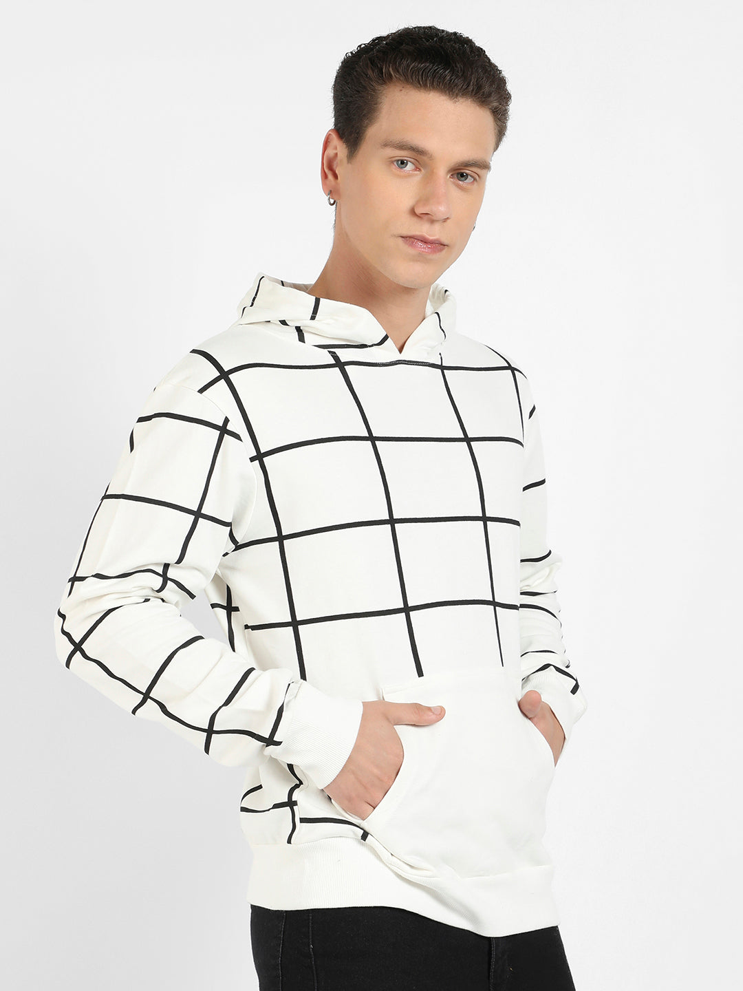 Contrast Graph Check Hoodie With Kangaroo Pocket