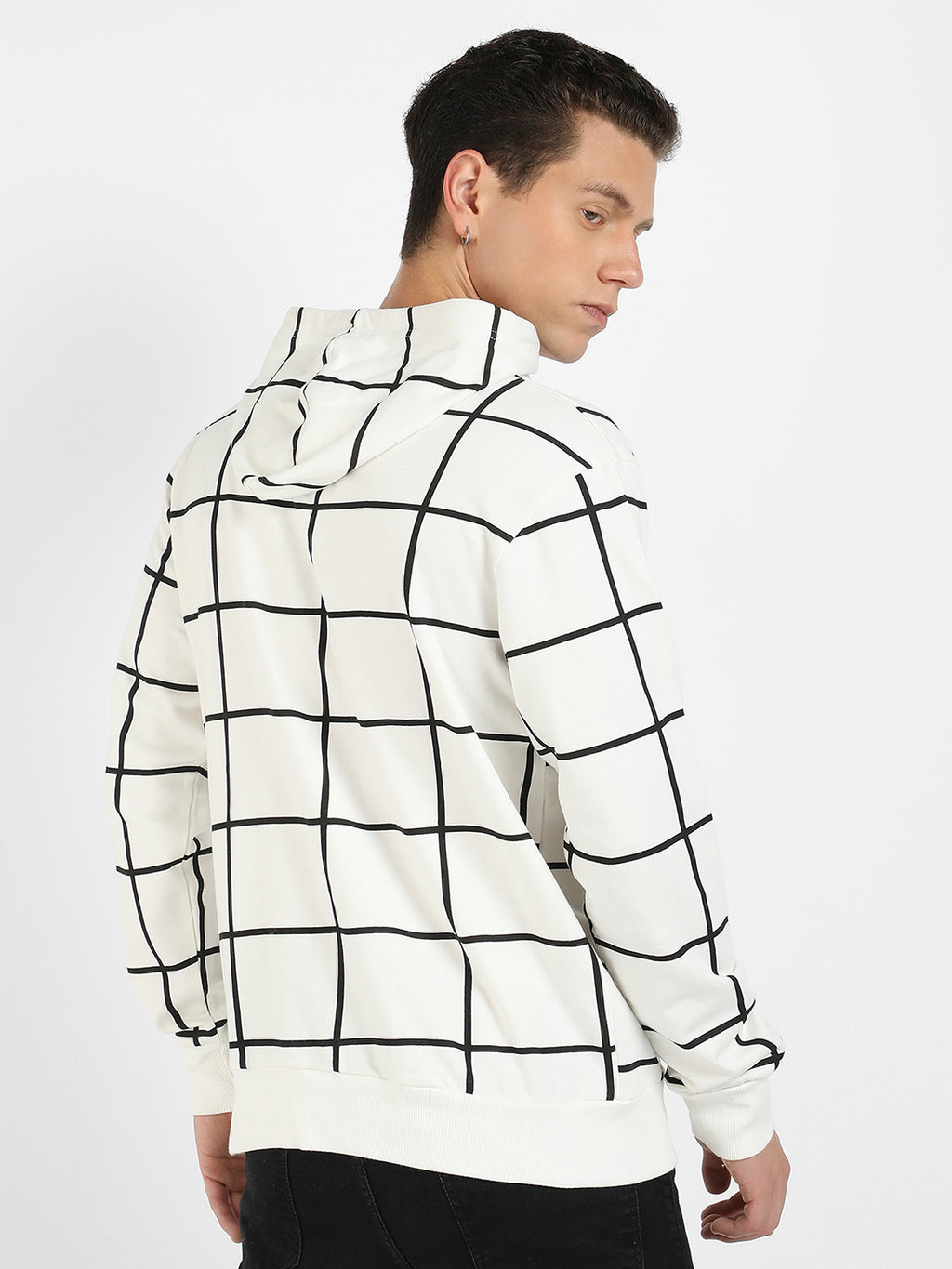 Contrast Graph Check Hoodie With Kangaroo Pocket