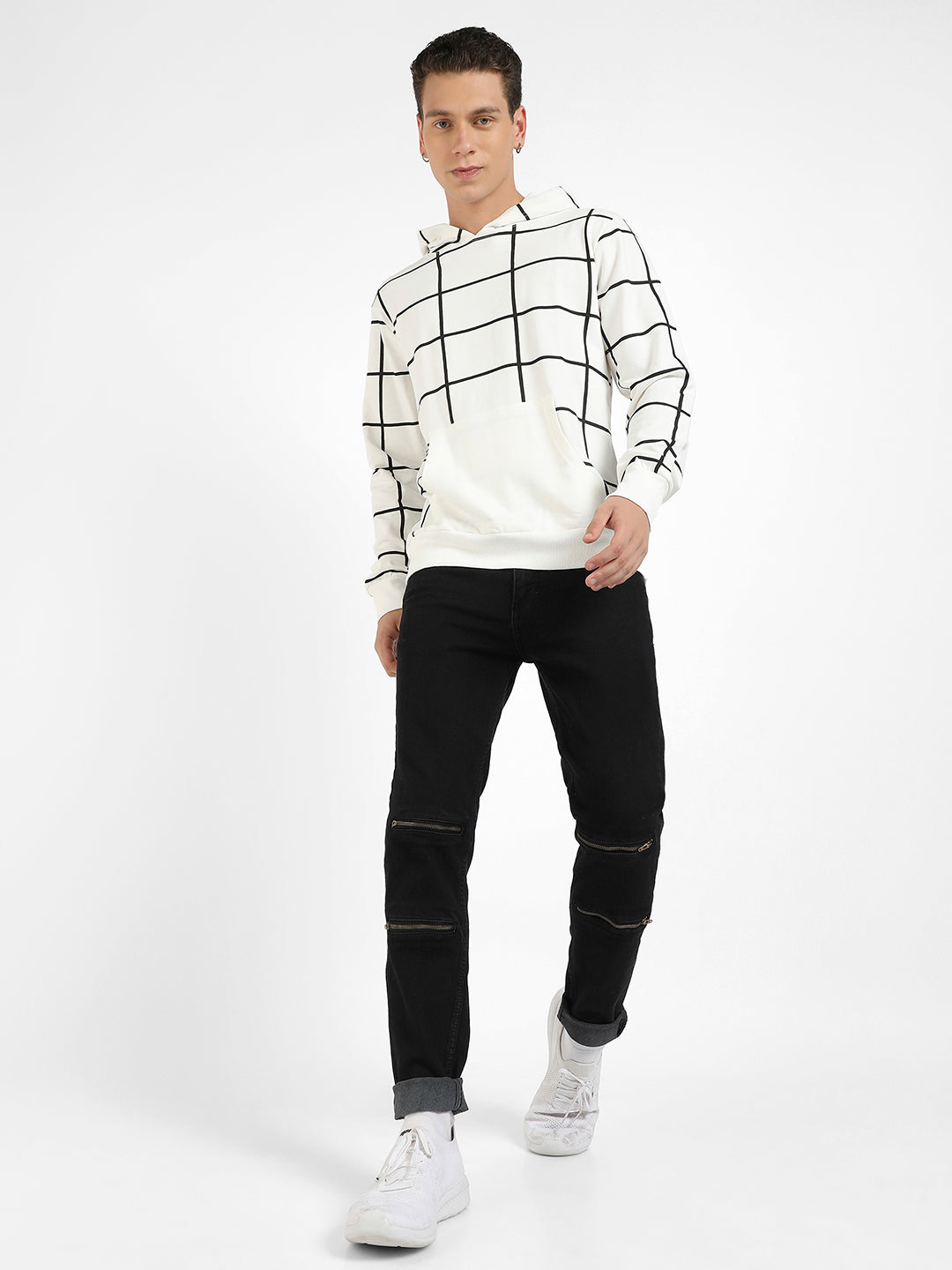 Contrast Graph Check Hoodie With Kangaroo Pocket