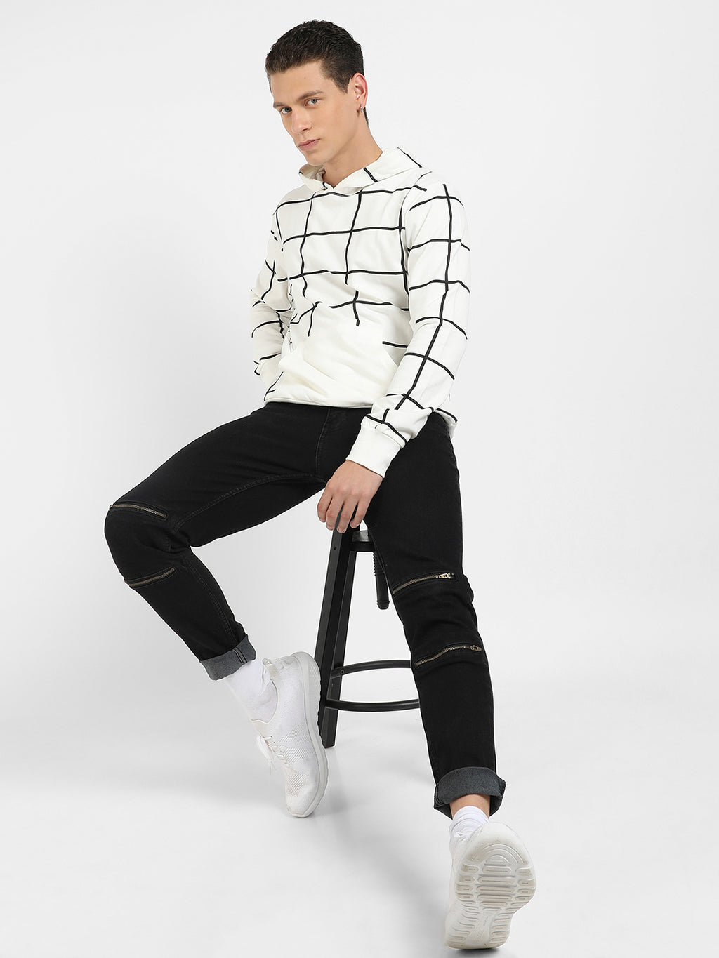 Contrast Graph Check Hoodie With Kangaroo Pocket