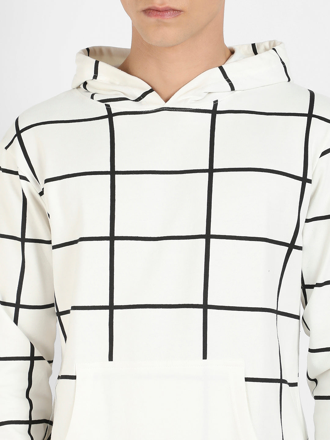 Men's White Contrast Graph Check Hoodie With Kangaroo Pocket