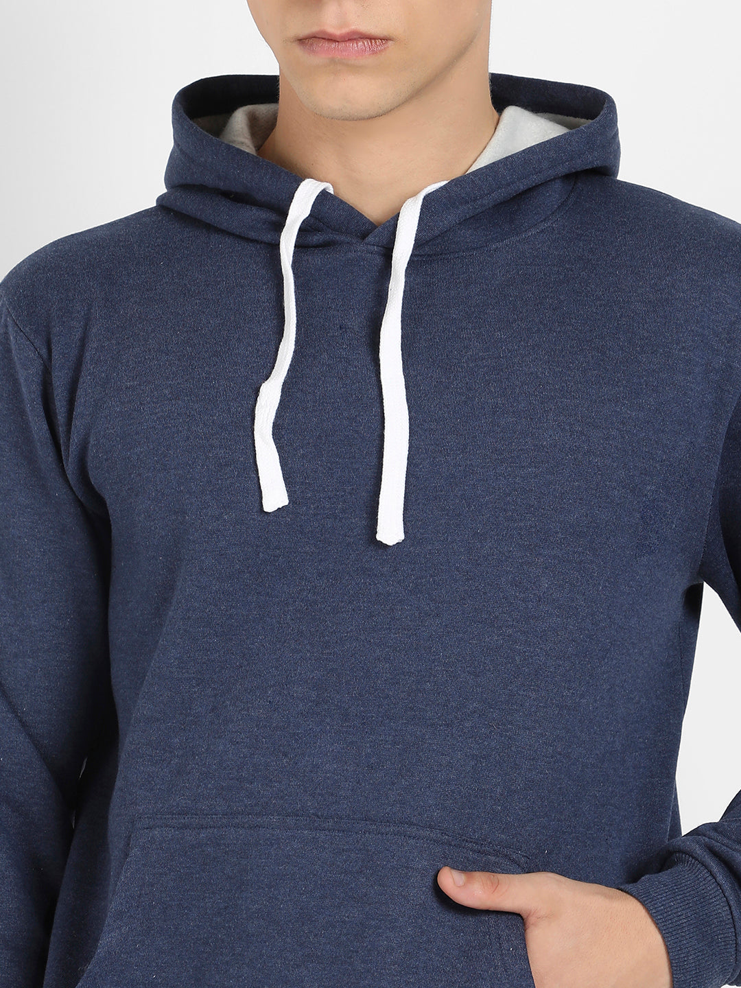 Men's Dark Blue Pullover Hoodie With Contrast Drawstring