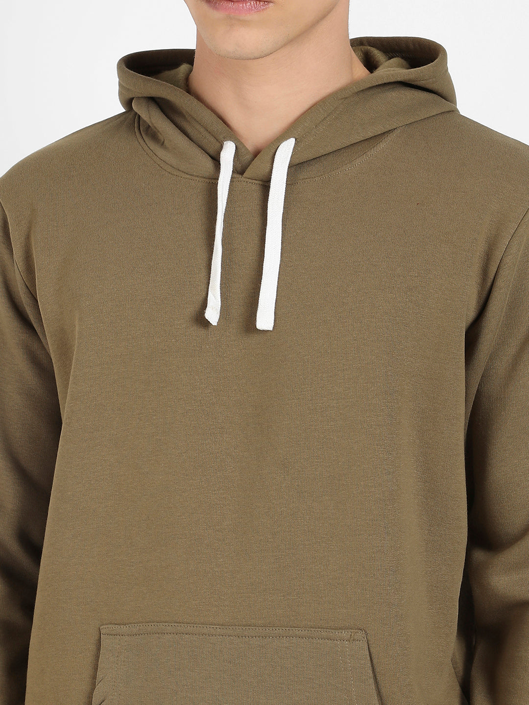 Men's Olive Green Pullover Hoodie With Contrast Drawstring