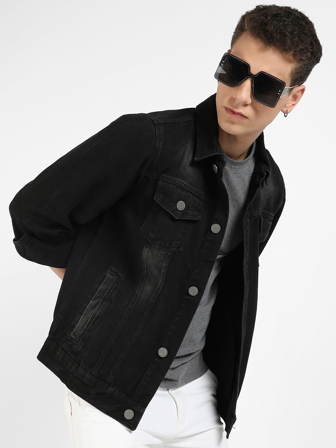 Button-Front Dark-Wash Denim Jacket