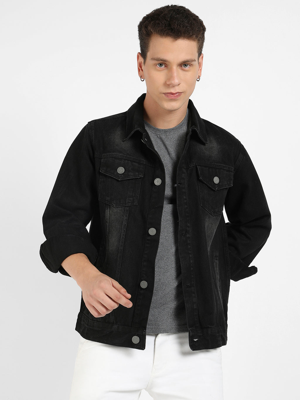 Button-Front Dark-Wash Denim Jacket