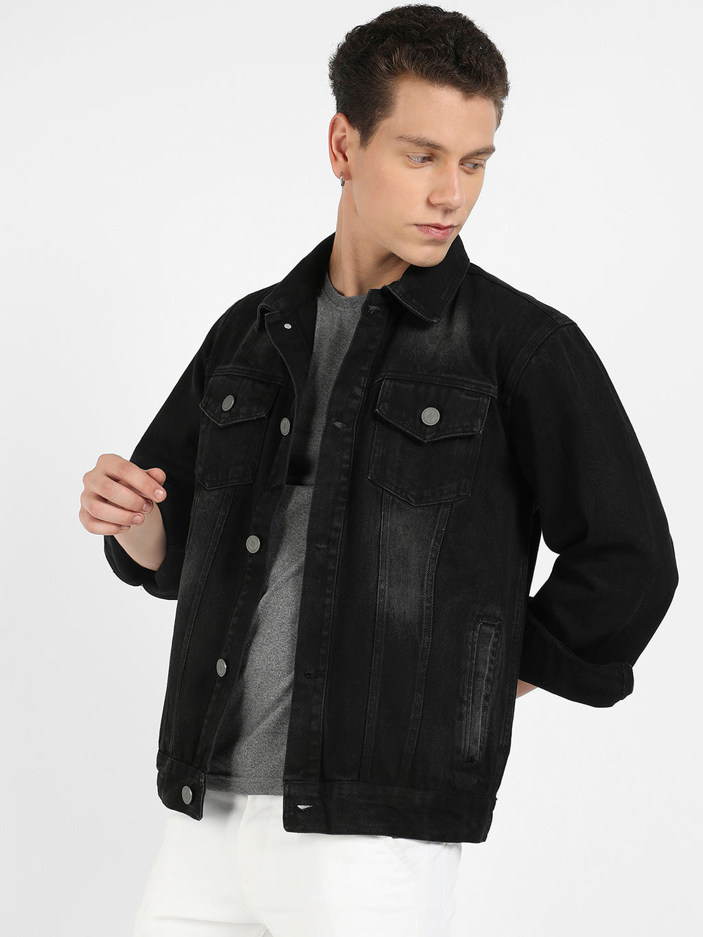 Button-Front Dark-Wash Denim Jacket