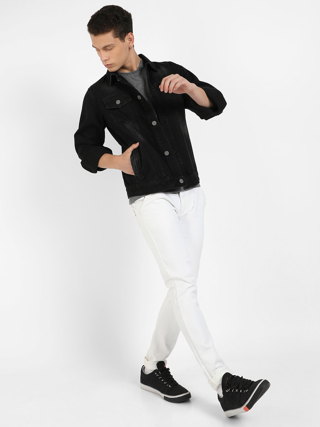 Button-Front Dark-Wash Denim Jacket