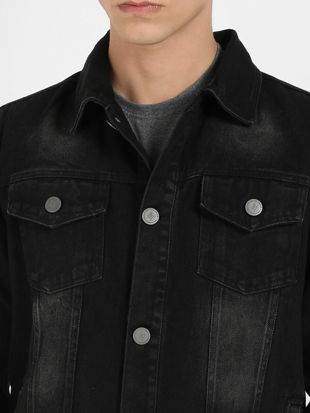 Men's Black Button-Front Dark-Wash Denim Jacket