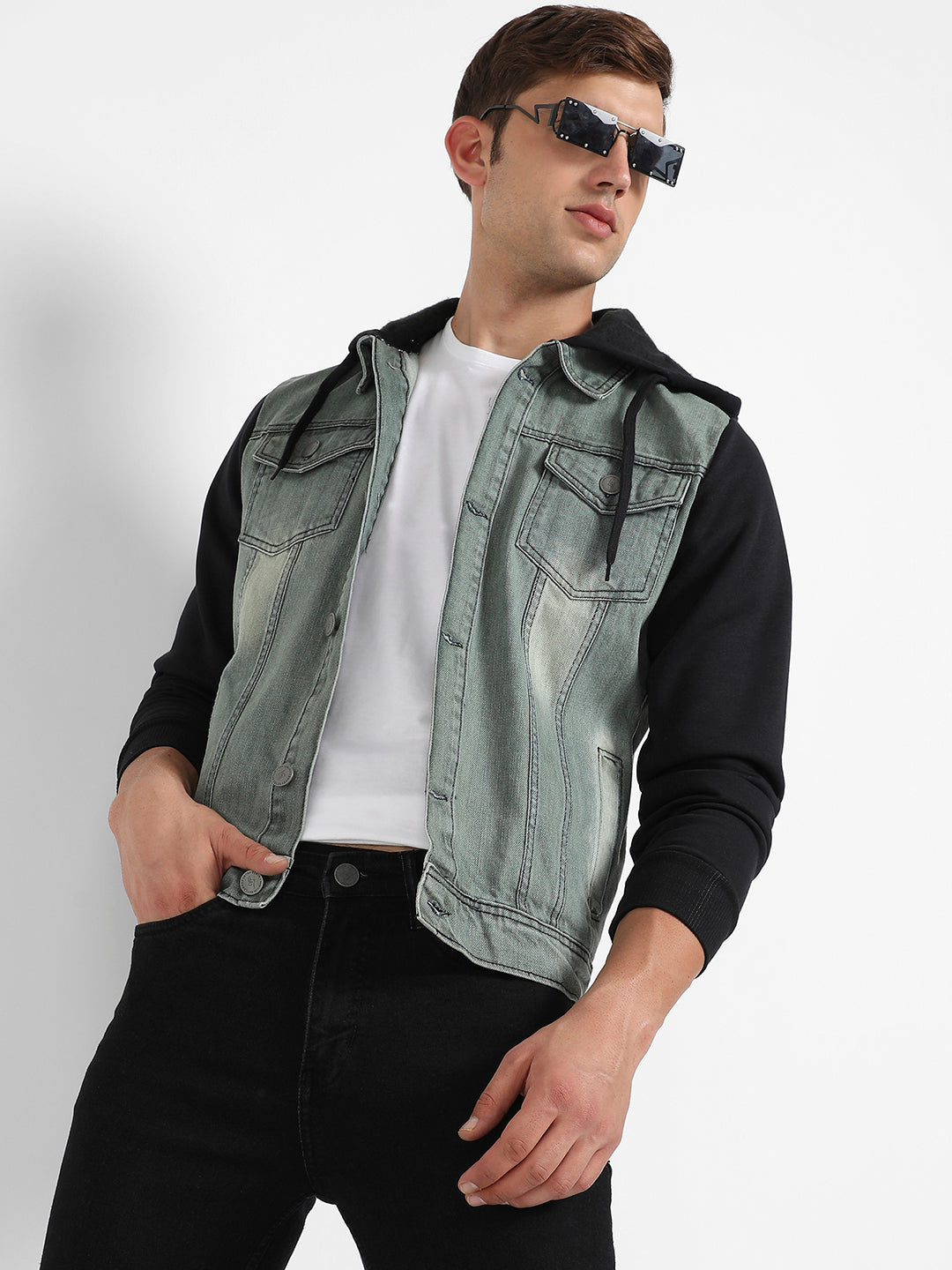 Light-Wash Denim Jacket With Sweatshirt Sleeve