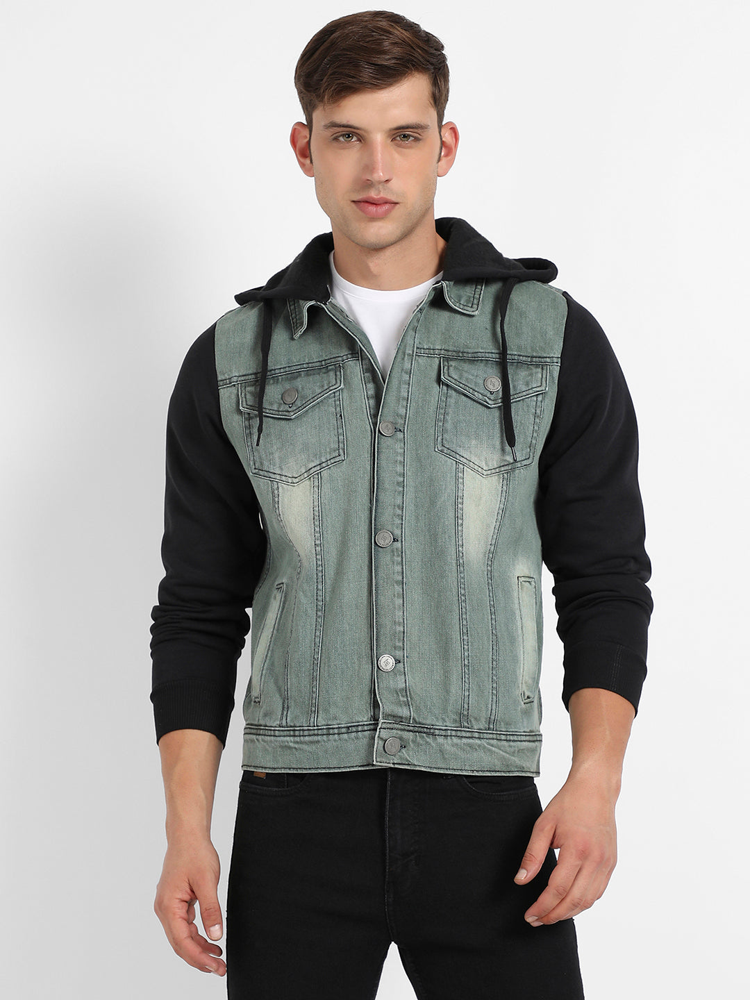 Light-Wash Denim Jacket With Sweatshirt Sleeve